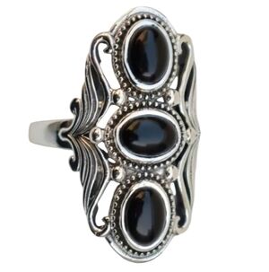 Boho Silvertone and Black Ring